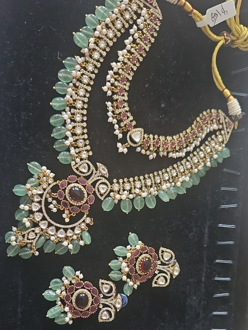 Green and Gold Traditional Necklace Set with Earrings